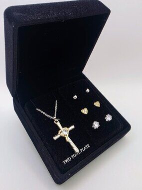Kohl's Two Tone Cross Necklace & Stud Earrings Gift Set NWT